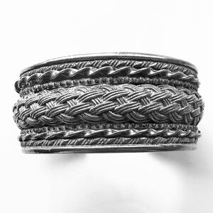 Braided Silvertone Wide Cuff Bracelet Tribal Ethnic Boho Statement Vintage Tibet